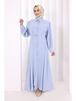 Bym Fashion Kemerli Kloş Elbise 7073 Mavi