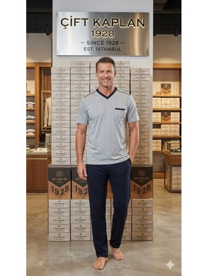 Çift Kaplan Erkek Düz V Yaka Kısa Kol Pijama Takımı 8101