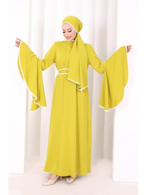 Bym Fashion Kol Fırfır Şerit Detaylı Şallı Elbise 6084 Yağ Yeşili
