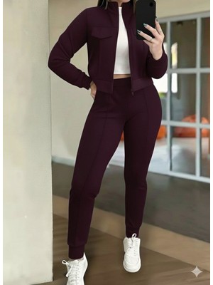 Stelol Kadın Uzun Kollu Önden Fermuarlı Kısa Modal Mor Ceket ve Pantolon Ikili Takım