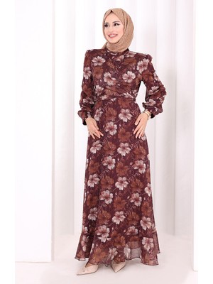 Bym Fashion Belden Bağlamalı Desenli Elbise 6075 Mürdüm