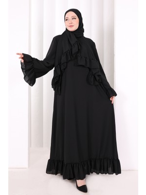 Bym Fashion Şallı Fırfırlı Elbise 6085 Siyah