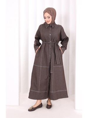 Bym Fashion Düğmeli Denim Elbise 7070 Kahverengi