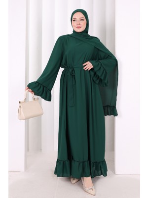 Bym Fashion Şallı Fırfırlı Elbise 6085 Zümrüt