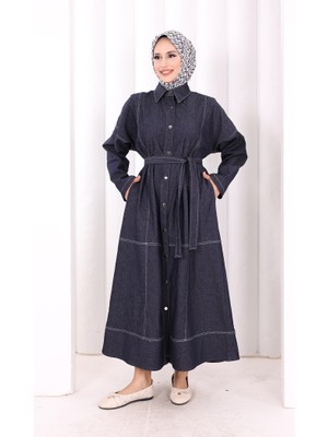 Bym Fashion Düğmeli Denim Elbise 7070 Lacivert