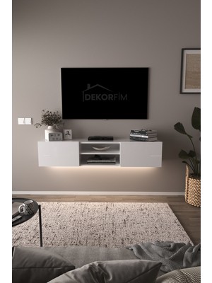 Dekorfim DF17102 LED Işıklı Duvara Monte Tv Ünitesi, 2 Kapaklı Dolaplı, Raflı 150 cm Tv Alt Ünitesi Beyaz