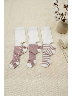 Cocole Socks Kız Bebek Külotlu Çorabı 3'lü Set Pamuklu Gül Kurusu Karışık Desenli 0-24 Ay