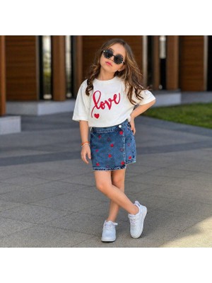 Yiğit Butik Kız Çocuk Love Baskılı Şort Etek Takım Şık Günlük Kombin