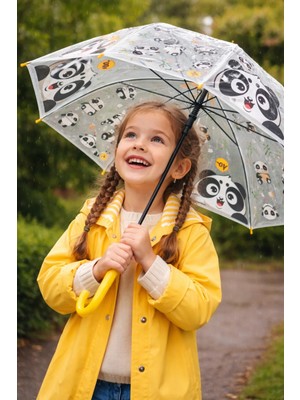 Fixida Şeffaf Panda Desenli Çocuk Şemsiyesi Düdüklü Güvenli Tutma Sapı, Rüzgara Dayanıklı