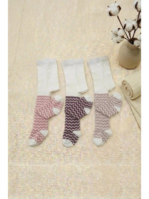 Cocole Socks Kız Bebek Külotlu Çorabı 3'lü Set Pamuklu Kız Zigzag Karışık Desenli 0-24 Ay