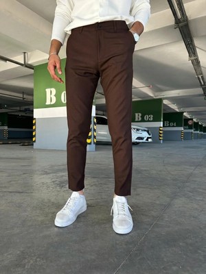 Modamesto Erkek Kahverengi Slim Fit Dar Kesim Likralı Yan Cep Bilek Boy Düz Kumaş Pantolon