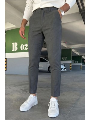 Modamesto Erkek Antrasit Slim Fit Dar Kesim Likralı Yan Cep Bilek Boy Düz Kumaş Pantolon