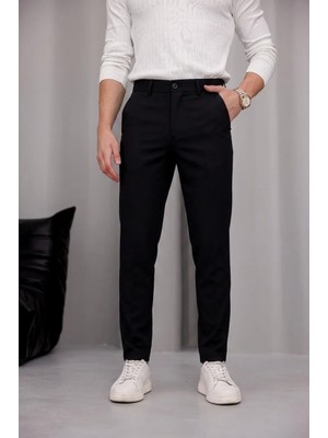 Modamesto Erkek Siyah Slim Fit Dar Kesim Likralı Yan Cep Bilek Boy Düz Kumaş Pantolon