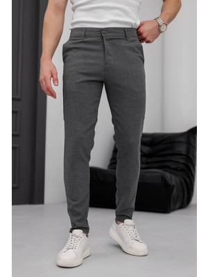 Modamesto Erkek Füme Slim Fit Dar Kesim Likralı Yan Cep Bilek Boy Düz Kumaş Pantolon