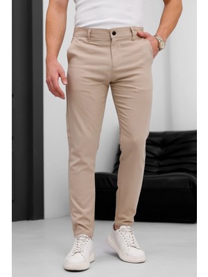 Modamesto Erkek Bej Slim Fit Dar Kesim Likralı Yan Cep Bilek Boy Düz Kumaş Pantolon