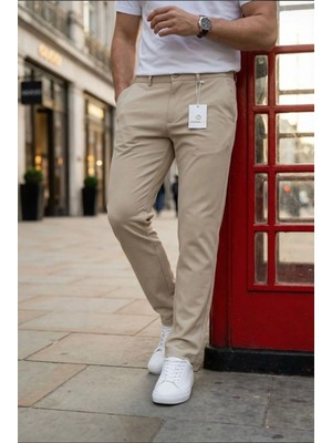 Modamesto Erkek Bej Slim Fit Dar Kesim Likralı Yan Cep Bilek Boy Düz Kumaş Pantolon