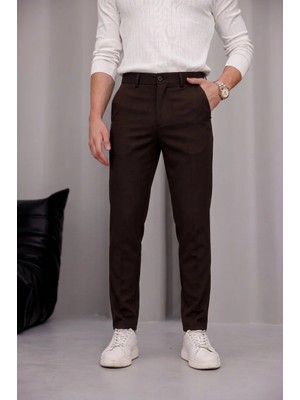 Modamesto Erkek Kahverengi Slim Fit Dar Kesim Likralı Yan Cep Bilek Boy Düz Kumaş Pantolon