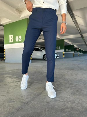 Modamesto Erkek Lacivert Slim Fit Dar Kesim Likralı Yan Cep Bilek Boy Düz Kumaş Pantolon