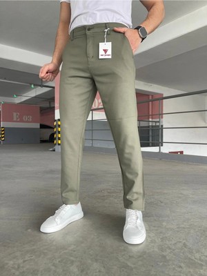 Modamesto Erkek Haki Slim Fit Dar Kesim Likralı Yan Cep Bilek Boy Düz Kumaş Pantolon