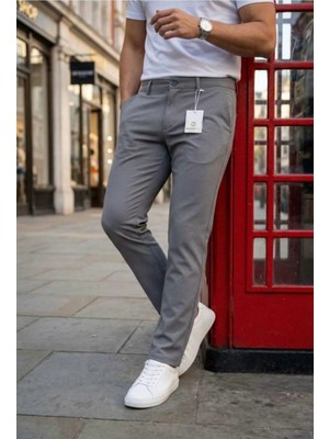 Modamesto Erkek Füme Slim Fit Dar Kesim Likralı Yan Cep Bilek Boy Düz Kumaş Pantolon