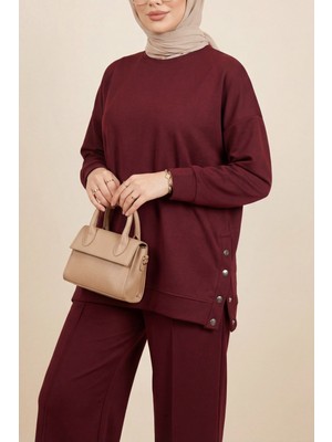 Moda Morfo Yanları Çıtçıtlı Çimalı Pantolonlu Oyşo Takım  -Bordo