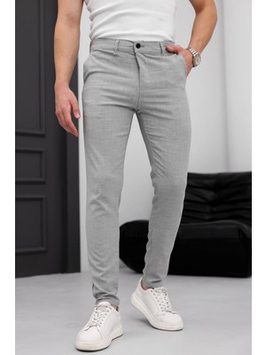 Modamesto Erkek Açık Gri Slim Fit Dar Kesim Likralı Yan Cep Bilek Boy Düz Kumaş Pantolon