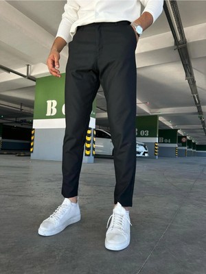 Modamesto Erkek Siyah Slim Fit Dar Kesim Likralı Yan Cep Bilek Boy Düz Kumaş Pantolon