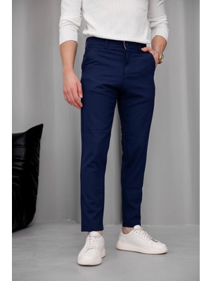 Ser Joven Erkek Lacivert Slim Fit Dar Kesim Likralı Yan Cep Bilek Boy Düz Kumaş Pantolon