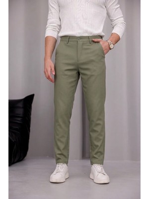 Ser Joven Erkek Haki Slim Fit Dar Kesim Likralı Yan Cep Bilek Boy Düz Kumaş Pantolon