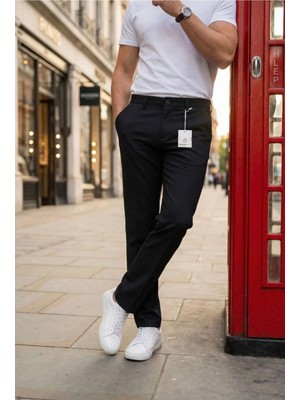 Ser Joven Erkek Siyah Slim Fit Dar Kesim Likralı Yan Cep Bilek Boy Düz Kumaş Pantolon