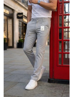 Ser Joven Erkek Açık Gri Slim Fit Dar Kesim Likralı Yan Cep Bilek Boy Düz Kumaş Pantolon