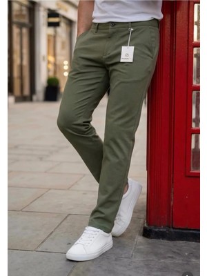 Ser Joven Erkek Haki Slim Fit Dar Kesim Likralı Yan Cep Bilek Boy Düz Kumaş Pantolon