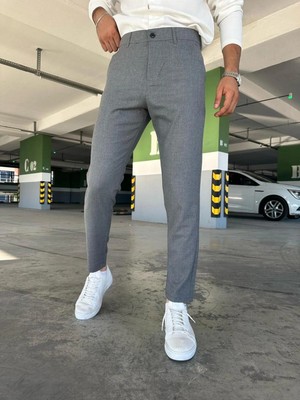 Ser Joven Erkek Füme Slim Fit Dar Kesim Likralı Yan Cep Bilek Boy Düz Kumaş Pantolon