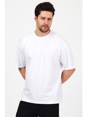The Rule Unisex Oversize %100 Pamuk Geniş Kesim Yumuşak Dokulu Basic Bisiklet Yaka Beyaz Tişört RF0406