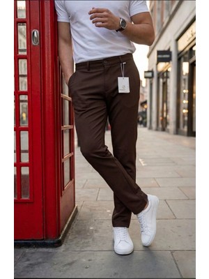 Modamesto Erkek Kahverengi Slim Fit Dar Kesim Likralı Yan Cep Bilek Boy Düz Kumaş Pantolon