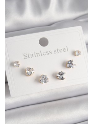 Youday Accessories 316L Çelik Gold Renk Zirkon Taşlı Kalp Model Kadın Küpe Seti