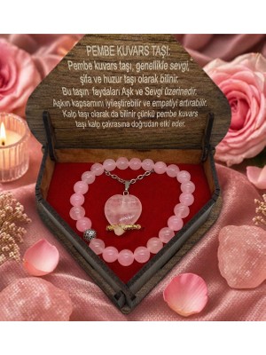 Morlisse Doğal Taş Pembe Kuvars 3’lü Takı Seti, Kolye, Bileklik, Yüzük ( Ahşap Kutu Hediyeli)