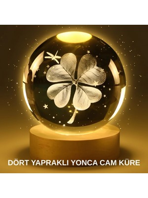 Senka Mey Ithalat® Yonca Bitki Figürlü LED Işıklı Cam Küre USB Ahşap Standlı Gece Lambası