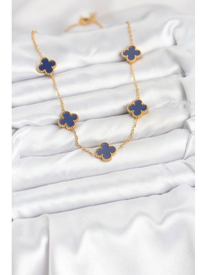 Youday Accessories 316L Çelik Zincir Gold Renk Lacivert Yonca Kadın Kolye