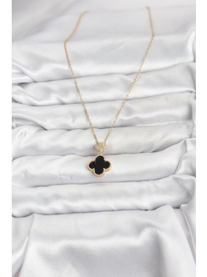 Youday Accessories 316L Çelik Zincir Gold Renk Yonca Model Zirkon Taşlı Kadın Kolye