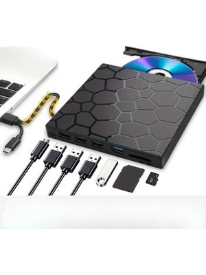 Techtic 8’si 1 Arada Harici CD DVD Yazıcı USB 3.0 Type-C – Çoklu USB Hub, Sd/tf Kart Okuyucu, Taşınabilir Optik Sürücü
