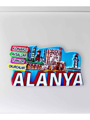 Mundy Alanya ( Konaklı , Avsallar , Türkler , Okurcalar ) Temalı Polyester Kabartmalı Magnet 8 x 4,5  cm (KOD:1107) Dekoratif Hediyelik Buzdolabı Süsü
