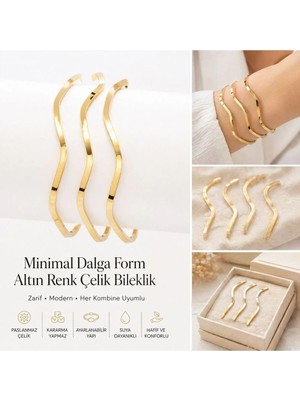 Minimal Dalga Form Altın Renk Çelik Bileklik