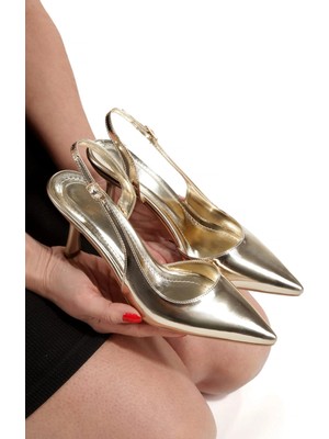MFT Ayakkabı Kadın Sivri Burunlu Altın Ayna Stiletto