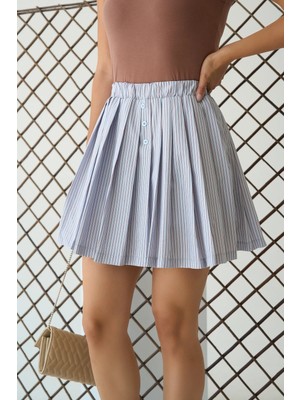 Hiccup Kadınlar Qu Style Yüksek Bel Çizgili A-Line Mini Etek Bebek Mavisi