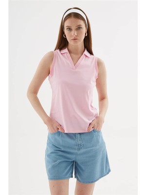 Fashion Friends Polo V Yaka Pembe Kadın Kolsuz T-Shirt 26Y0516K1