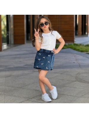 Yiğit Butik Kız Çocuk Beyaz Bluz & Fiyonk Detaylı Kot Şort Etek Takım