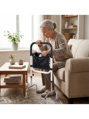 Medonza Hasta Yaşlı Ayağa Kalkma Destek Aparatı – Yatak Koltuk Sandalye Klozet Yanı Doğrulma Bariyeri, Ayarlanabilir Yükseklik, Cepli Tutunma Barı, Kaymaz Tabanlı