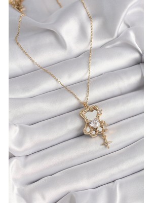 Youday Accessories 316L Çelik Gold Renk Zincir Ayna Ayıcık Model Zirkon Taşlı Kalp Model Kadın Kolye