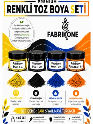 Fabrikone 4'lü Set Premium Parafin Soya Wax Toz Mum Boyası Hobi Seti - 5 cc (Sarı, Siyah, Mavi, Turuncu) BKFAB4SRSMT5G